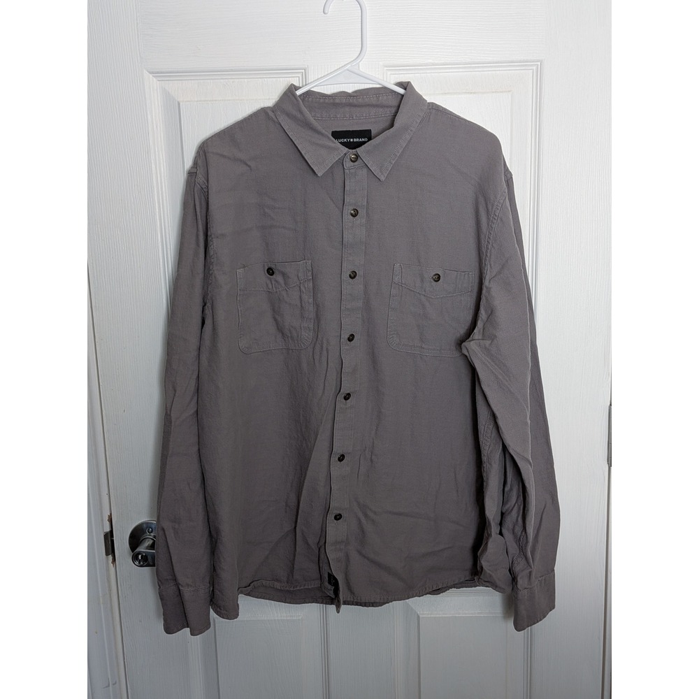 Lucky Brand Mens Gray Cotton Twill Long Sleeve Button Down Shirt XL Dual Pockets